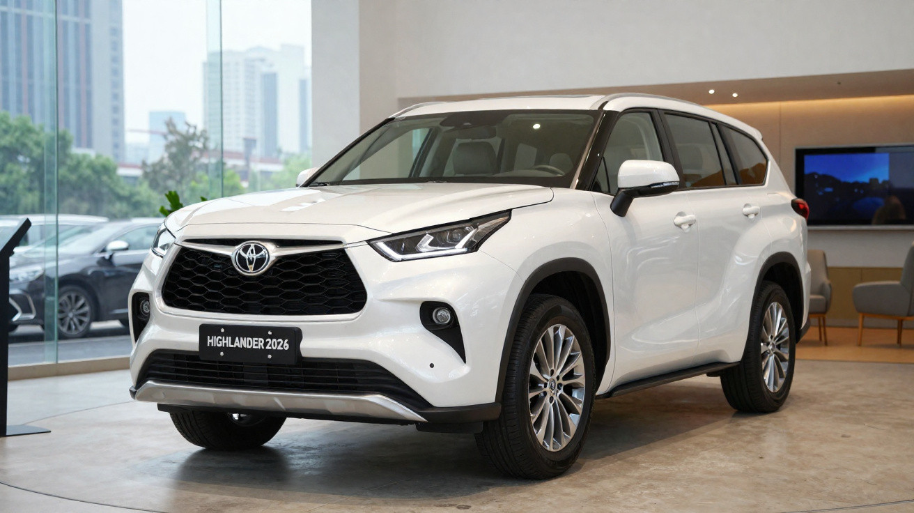 Carro SUV branco Toyota Highlander 2026 exibido em showroom moderno com grandes janelas de vidro.