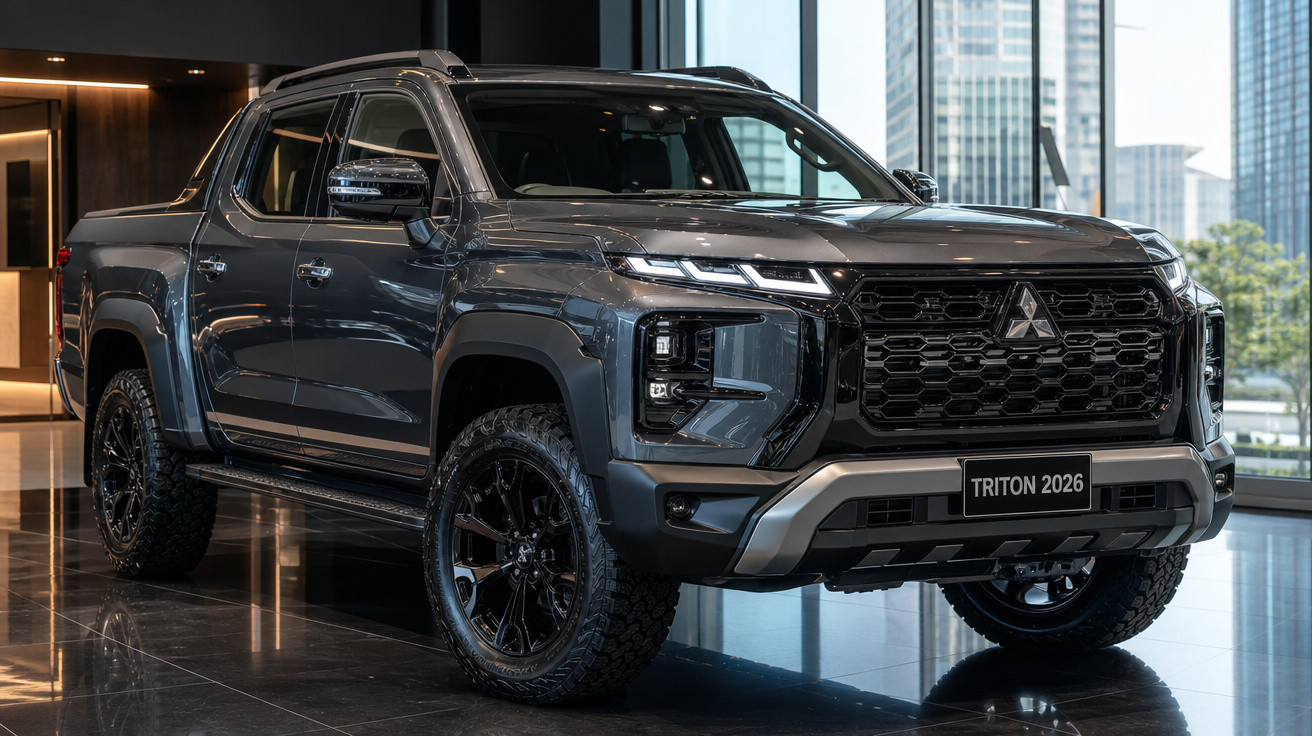 Picape Mitsubishi Triton 2026 cinza escuro em exposição em ambiente interno moderno e iluminado.