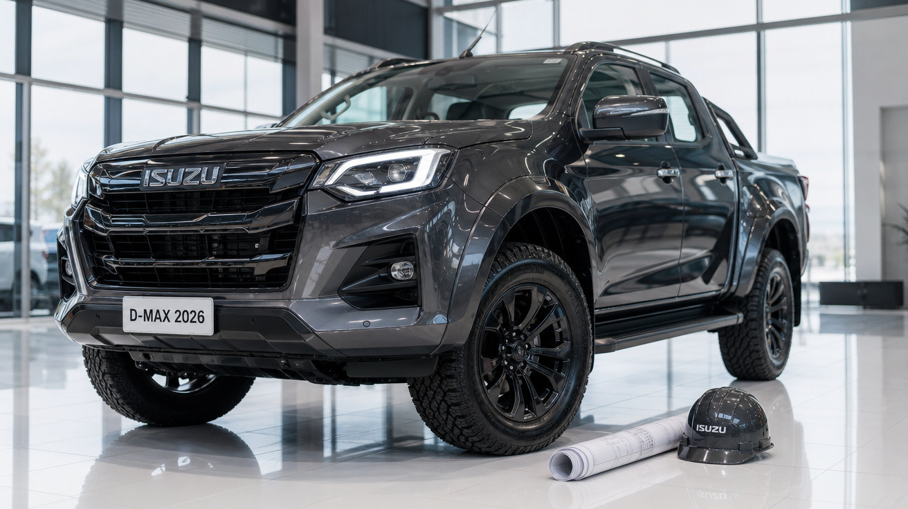 Picape preta Isuzu D-Max 2026 em exposição, capacete e planta ao lado em showroom moderno.
