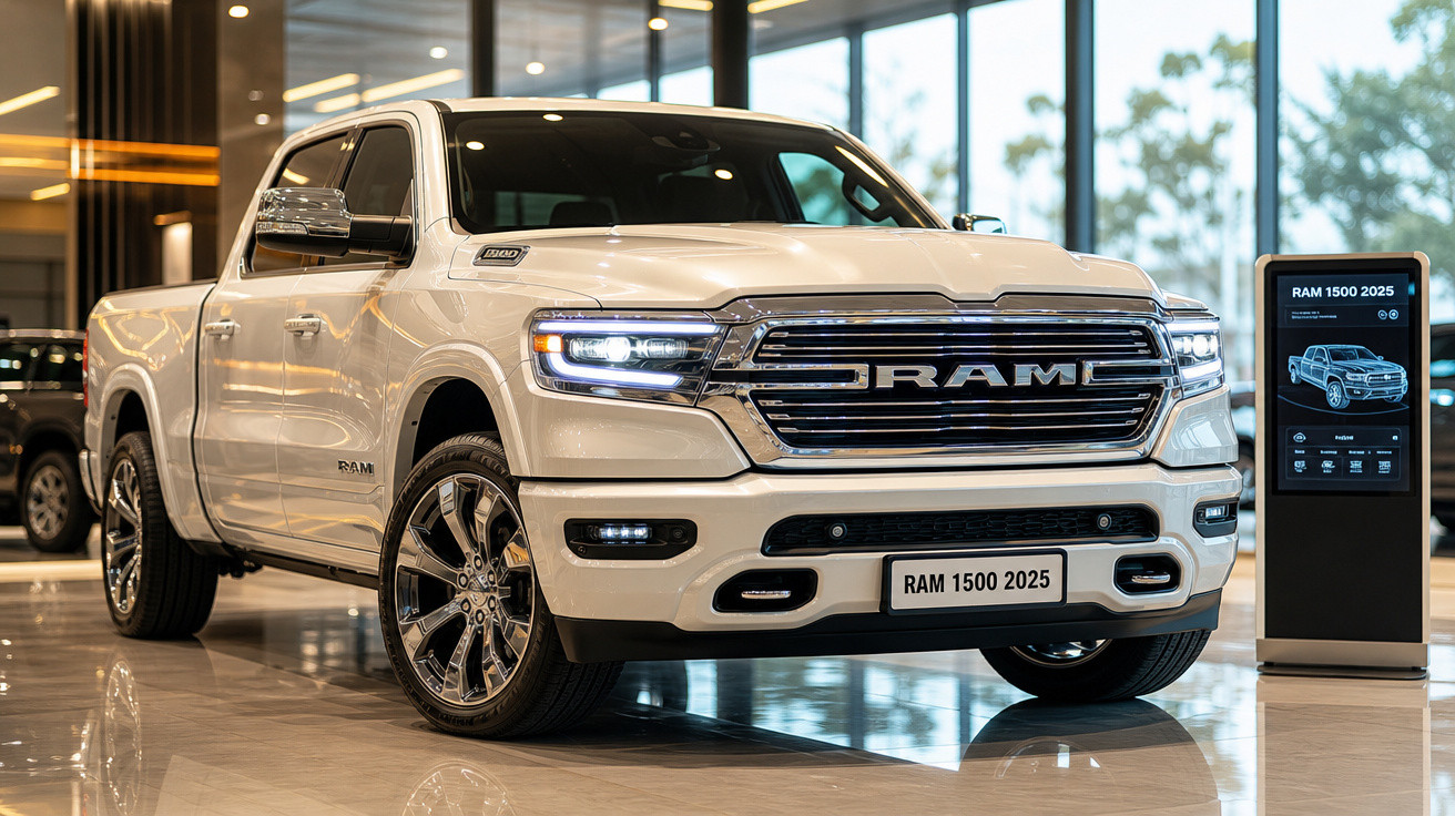 Picape branca RAM 1500 2025 exposta em showroom moderno com rodas cromadas e faróis acesos.