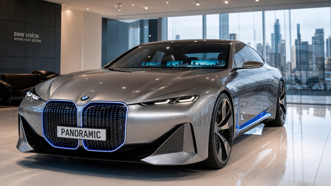 Carro conceito BMW cinza prateado com design futurista exibido em showroom moderno com vista urbana.
