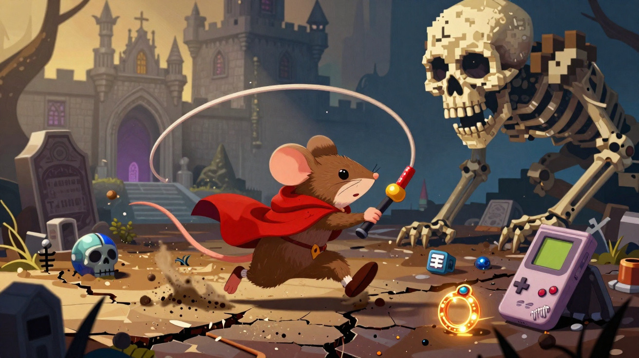 Rato com capa vermelha enfrenta esqueleto gigante diante de castelo sombrio em cenário de aventura.