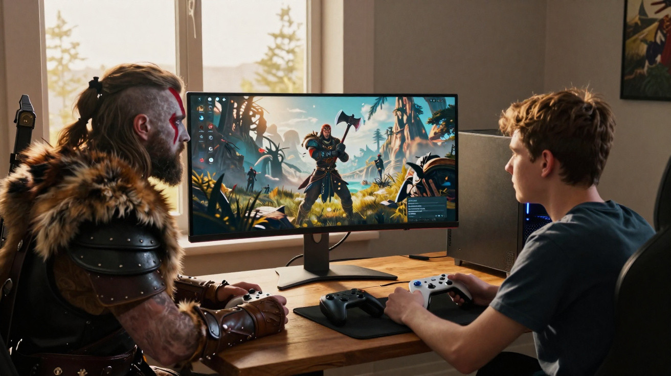 Dois homens jogam videogame em um computador com monitor ultrawide, um deles vestido com roupa viking.