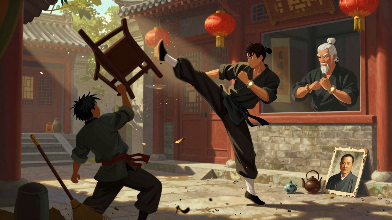 Dois homens treinam kung fu em pátio tradicional chinês com lanterna vermelha e mestre observando.
