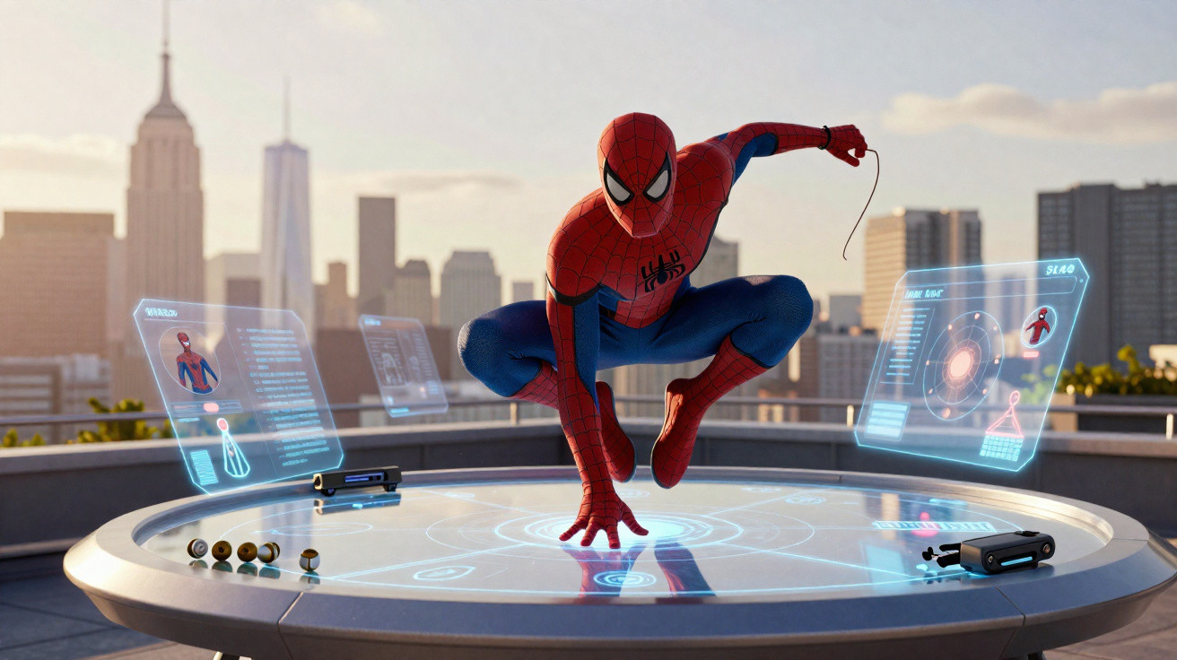 Homem-Aranha agachado sobre mesa futurista com hologramas em telhado de cidade ao entardecer.