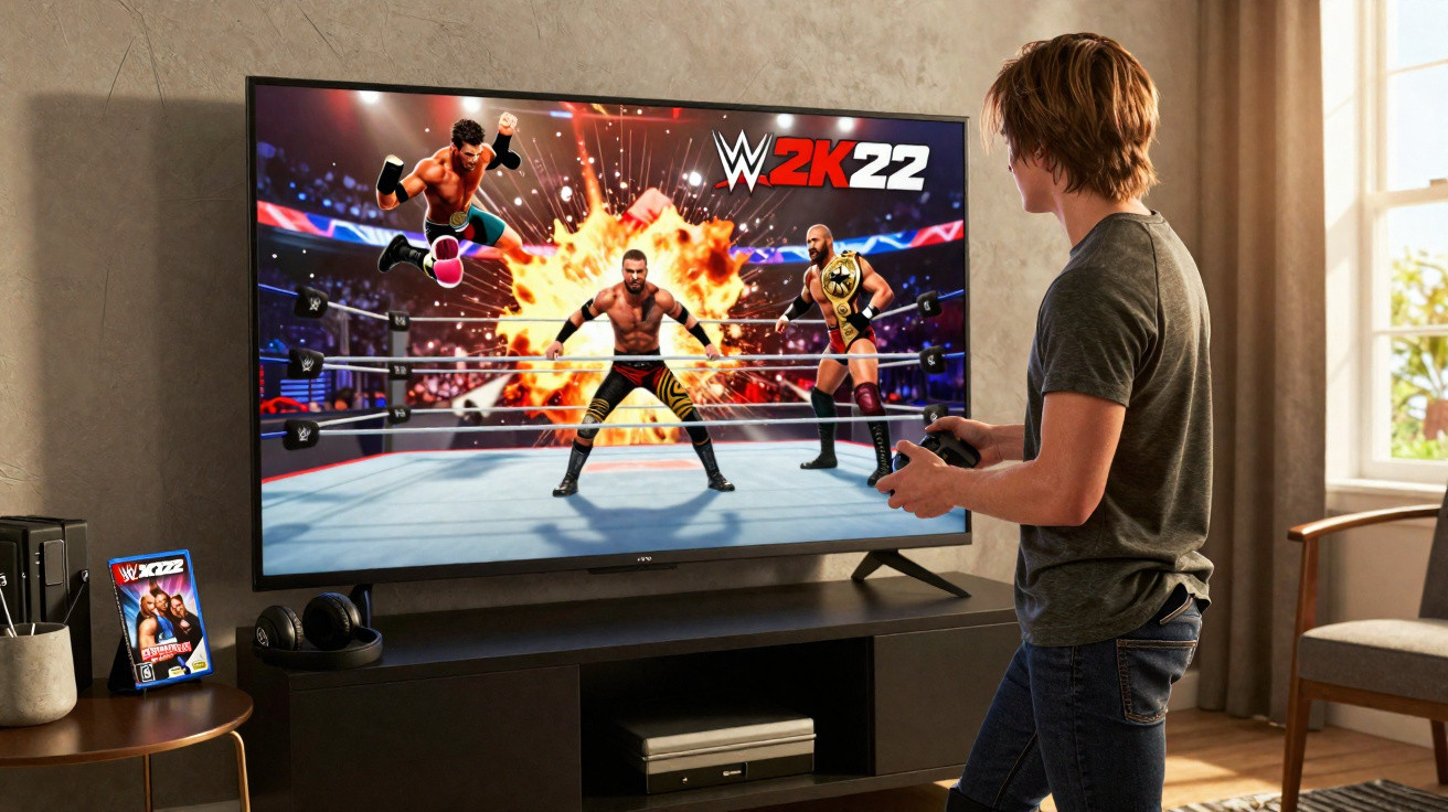 Jovem joga videogame WWE 2K22 em uma TV grande em sala iluminada com controle na mão.