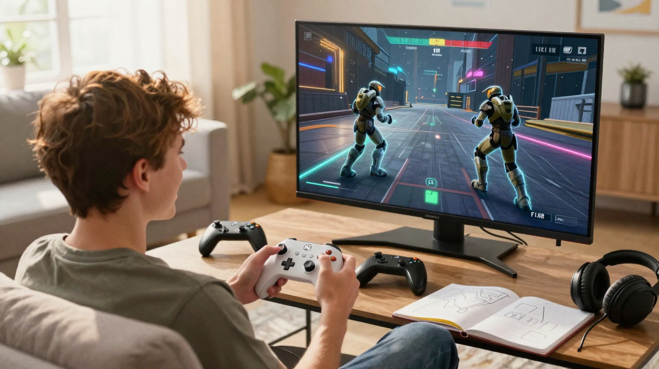 Jovem sentado no sofá jogando videogame de luta futurista em televisão com controles na mesa.