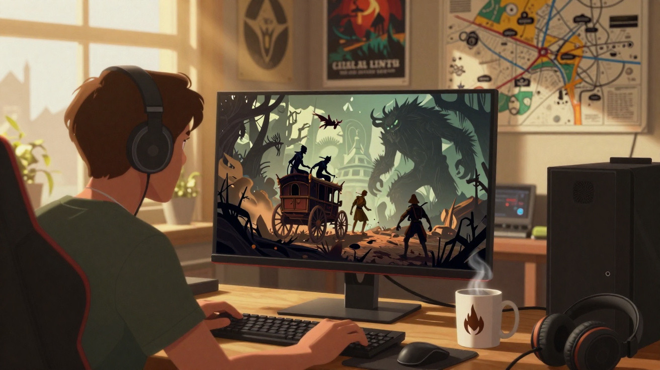 Pessoa jogando videogame de aventura em computador em ambiente iluminado e aconchegante.