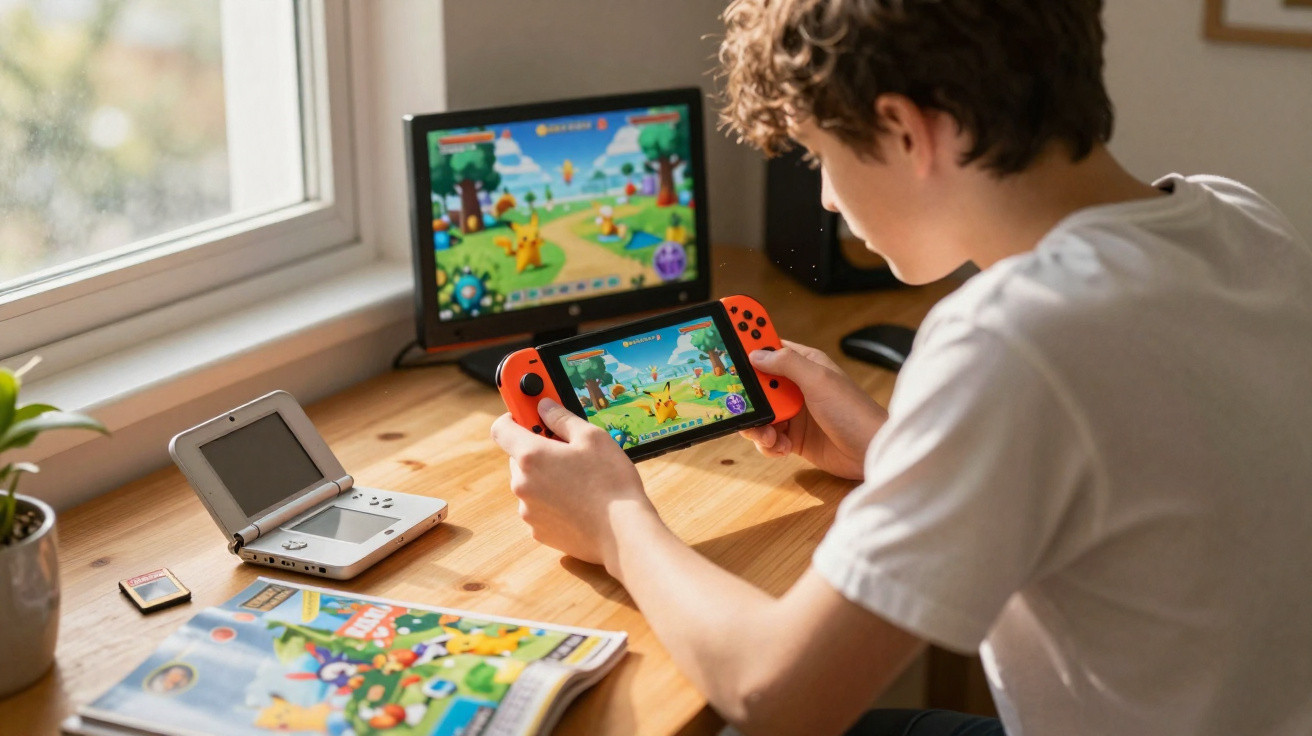 Garoto jogando videogame portátil em mesa com monitor, console e revista ao lado.