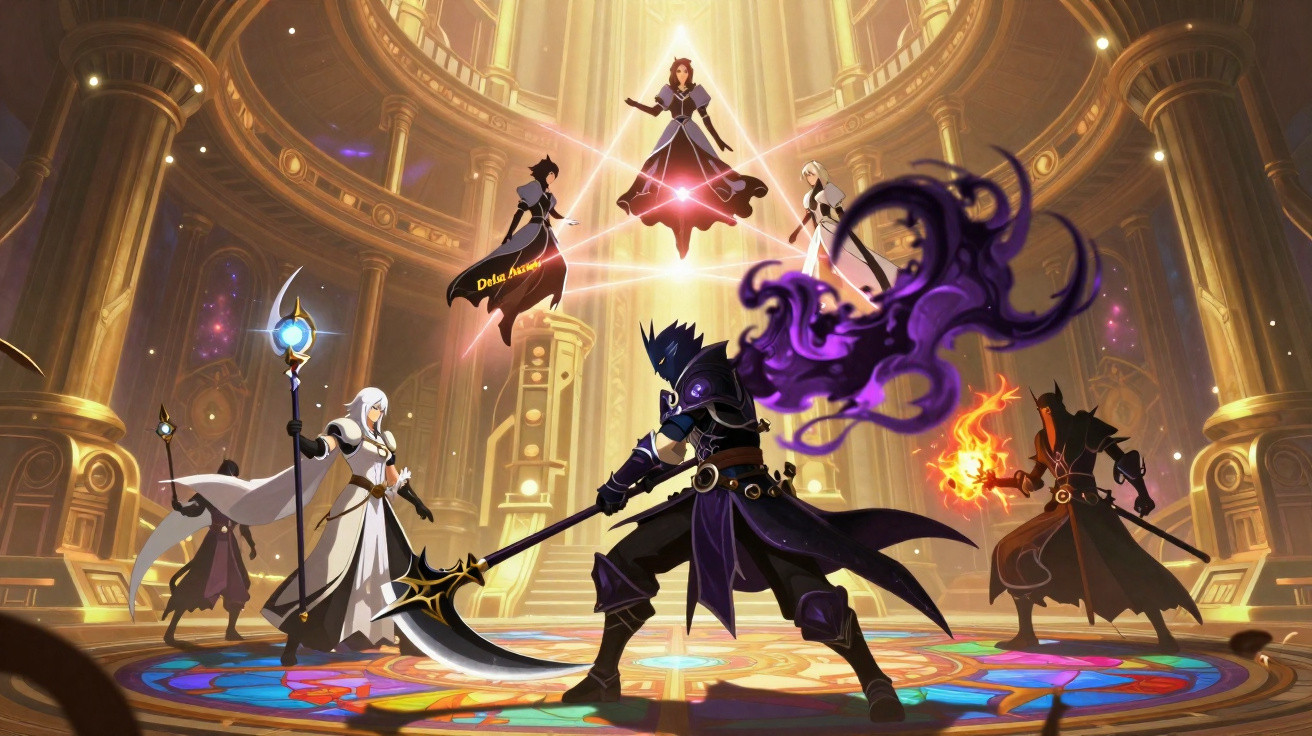 Cena animada de batalha em templo com seis personagens em poses de ataque e magia, com luz dourada ao fundo.