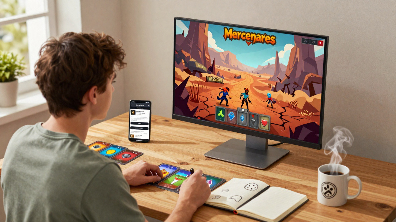 Jovem jogando videogame no computador, cartas coloridas na mesa e celular ao lado em ambiente iluminado.