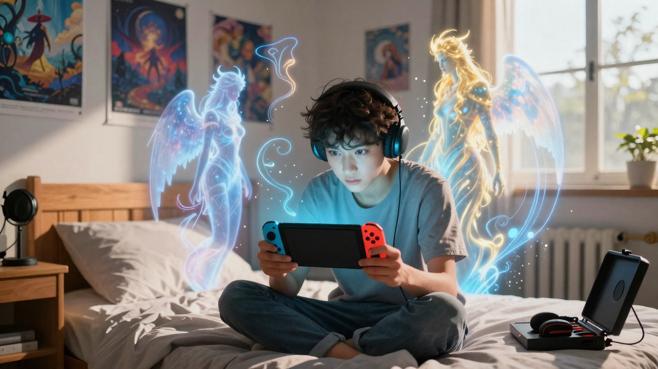 Adolescente jogando videogame no quarto com fones de ouvido, rodeado por figuras angelicais holográficas.