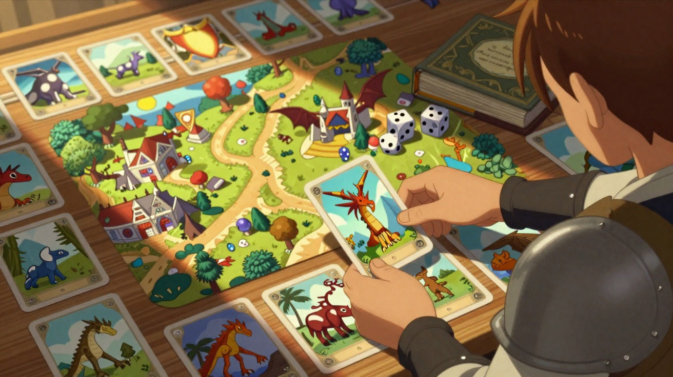 Pessoa com armadura jogando jogo de cartas com tema medieval e cartas ilustradas na mesa colorida.