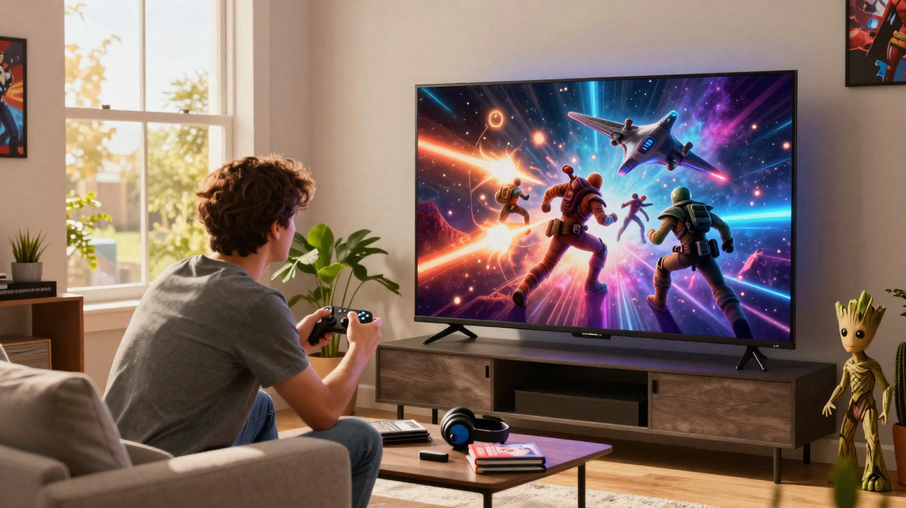 Jovem joga videogame de ação espacial em TV grande na sala iluminada durante o dia.