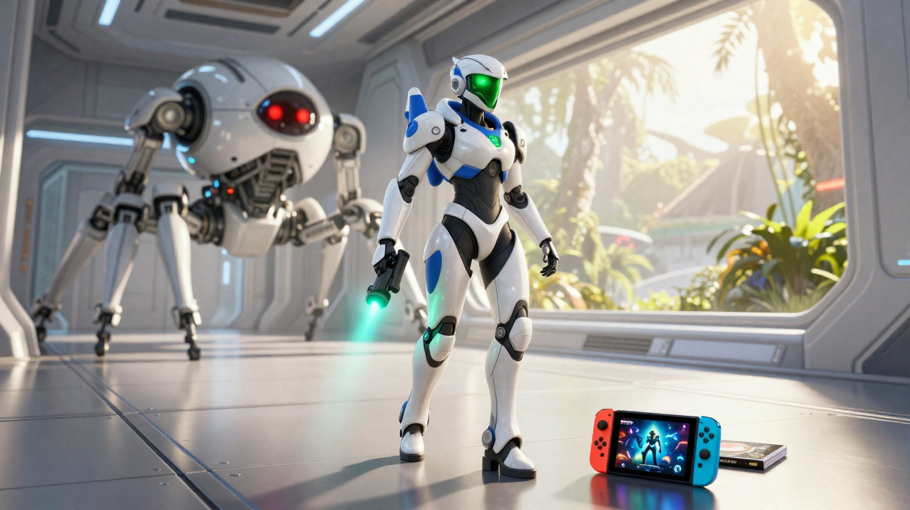 Robô futurista branco e azul com arma verde, acompanhado por drone esférico, próximo a console de videogame.