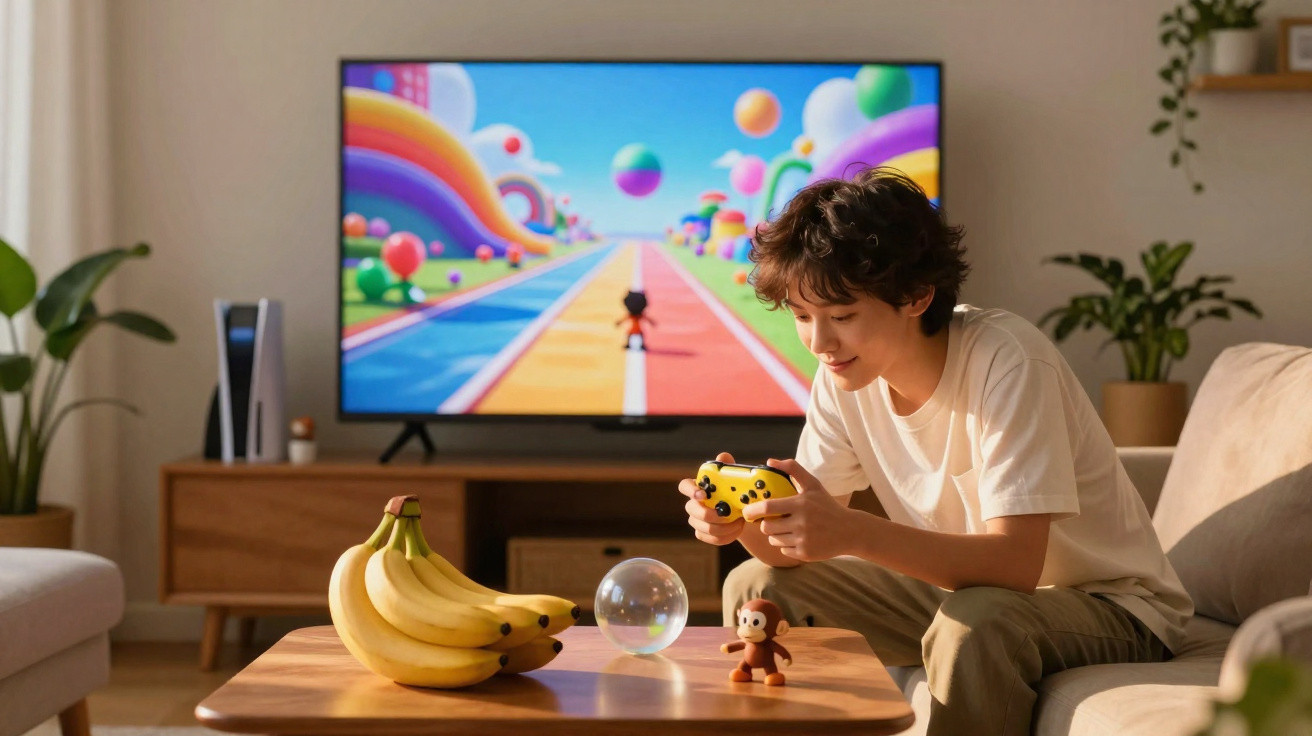 Garoto jogando videogame com controle amarelo em sala com TV, bananas e brinquedo de macaco na mesa.