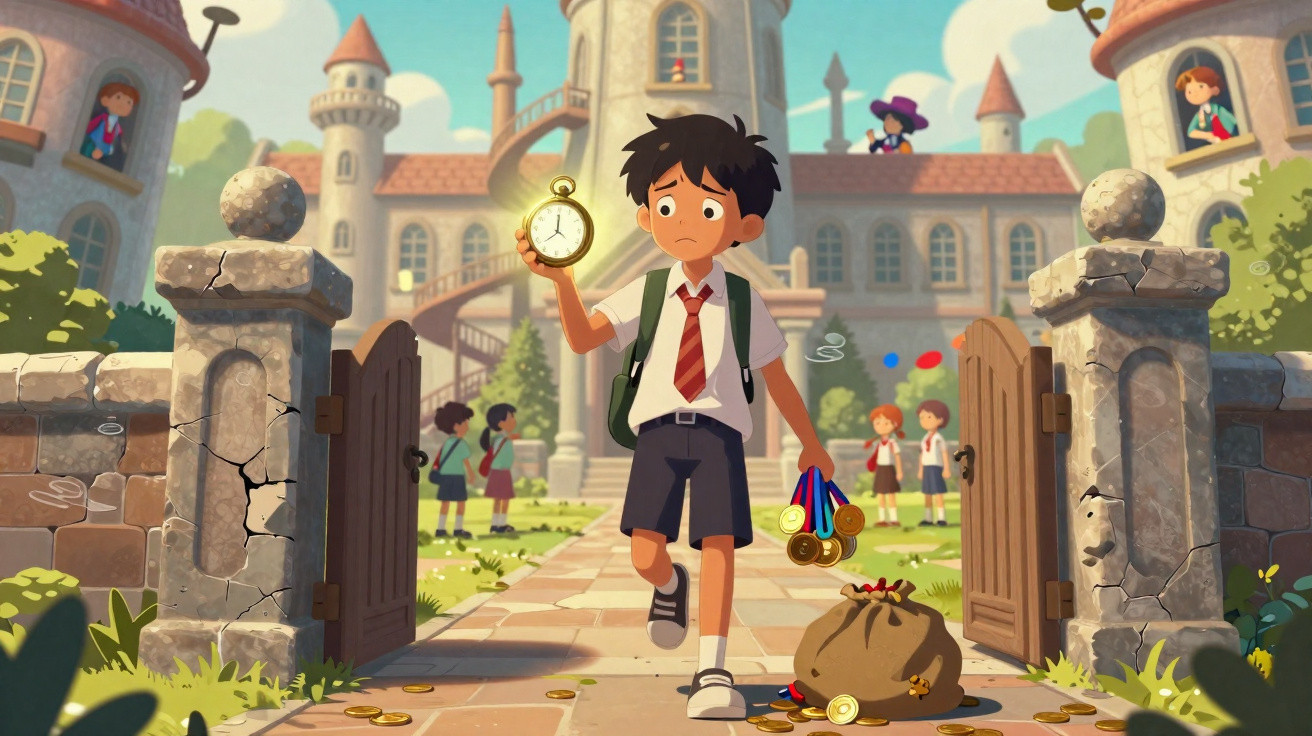 Menino com mochila segura relógio e medalhas, saindo de escola grande com portão aberto e outras crianças ao fundo.