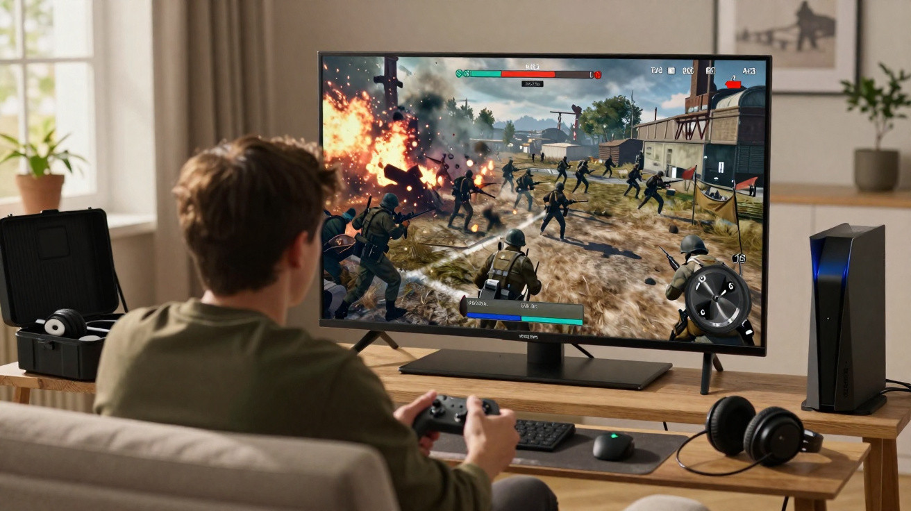 Jovem jogando videogame de guerra em TV grande em sala de estar moderna com controle nas mãos.