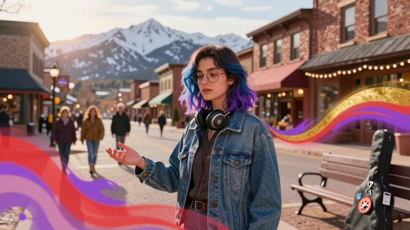 Jovem com cabelo azul e roxo e fones no pescoço em rua de cidade com montanhas ao fundo.