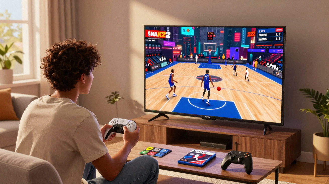 Pessoa jogando videogame de basquete em uma televisão de tela grande na sala de estar.