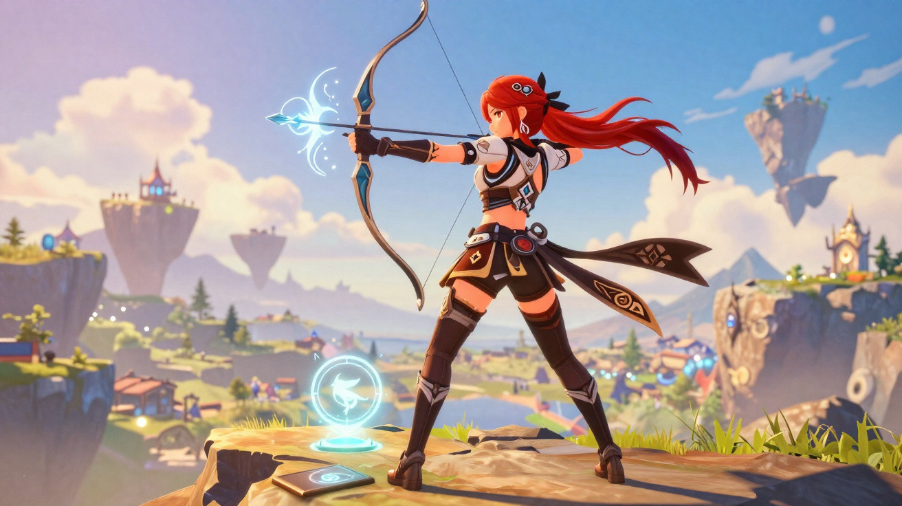 Personagem feminina de cabelo vermelho com arco mirando em um cenário de fantasia com ilhas flutuantes e montanhas.