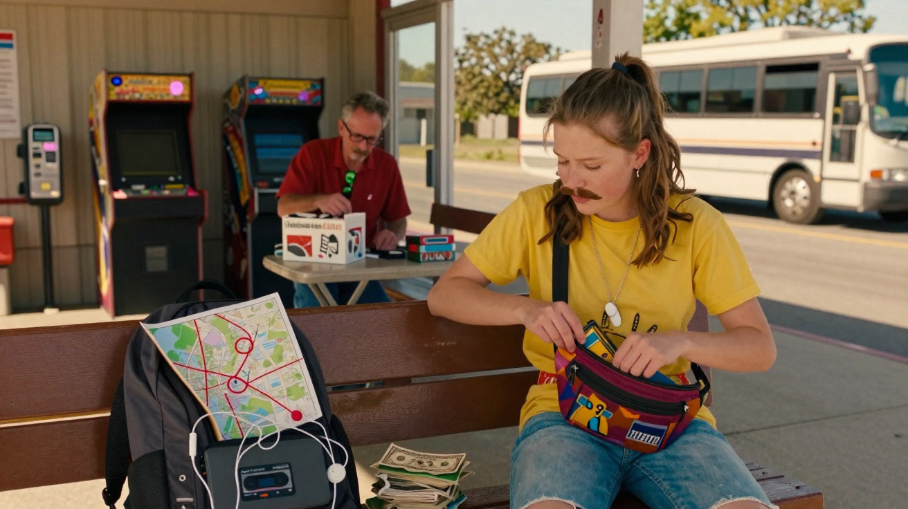 Jovem com camiseta amarela sentada em banco de ponto de ônibus, mexendo em pochete colorida, mochila e mapa ao lado.