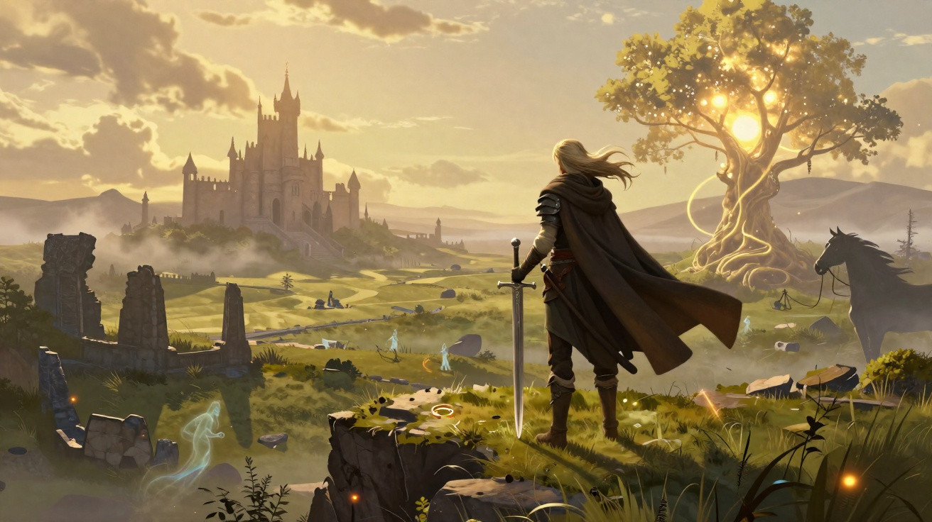 Guerreiro com espada observa castelo ao pôr do sol, com árvore luminosa e espírito ao redor em campo aberto.