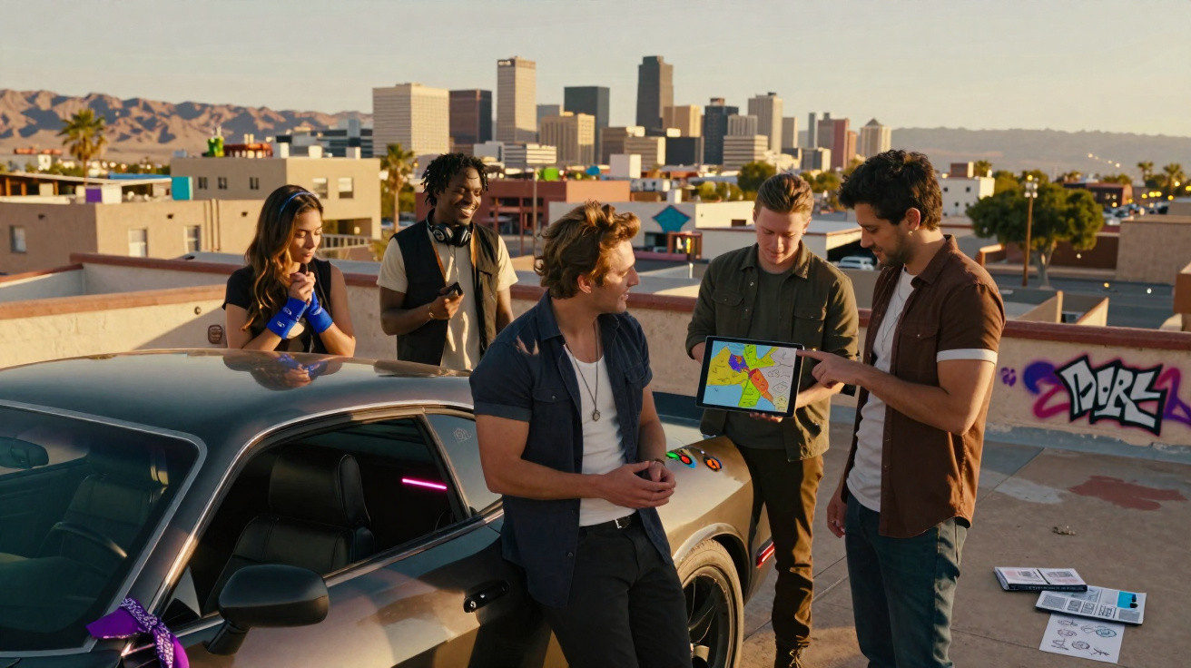 Grupo de cinco jovens reunidos em telhado com carro e tablet, com cidade e montanhas ao fundo.