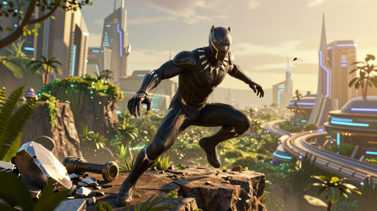 Pantera Negra em pose de combate sobre pedra em cenário futurista com arranha-céus e vegetação.