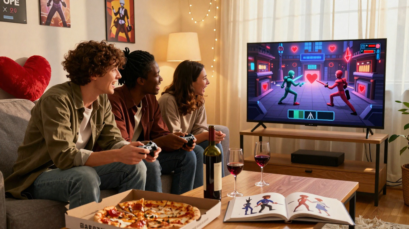 Três amigos jogando videogame, com pizza, vinho e decoração aconchegante na sala iluminada.