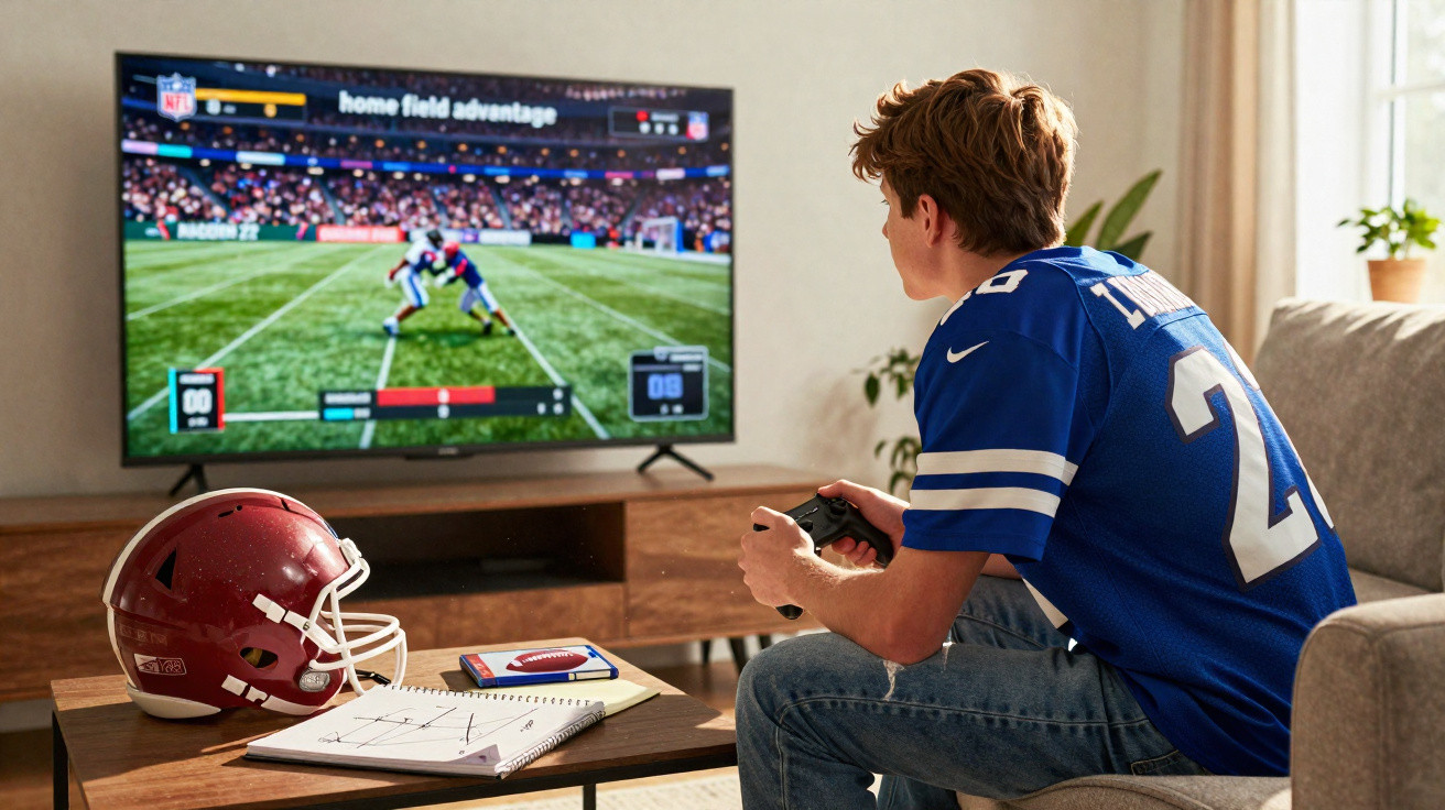 Jovem de camiseta azul assiste e joga videogame de futebol americano na sala, com capacete e anotações na mesa.