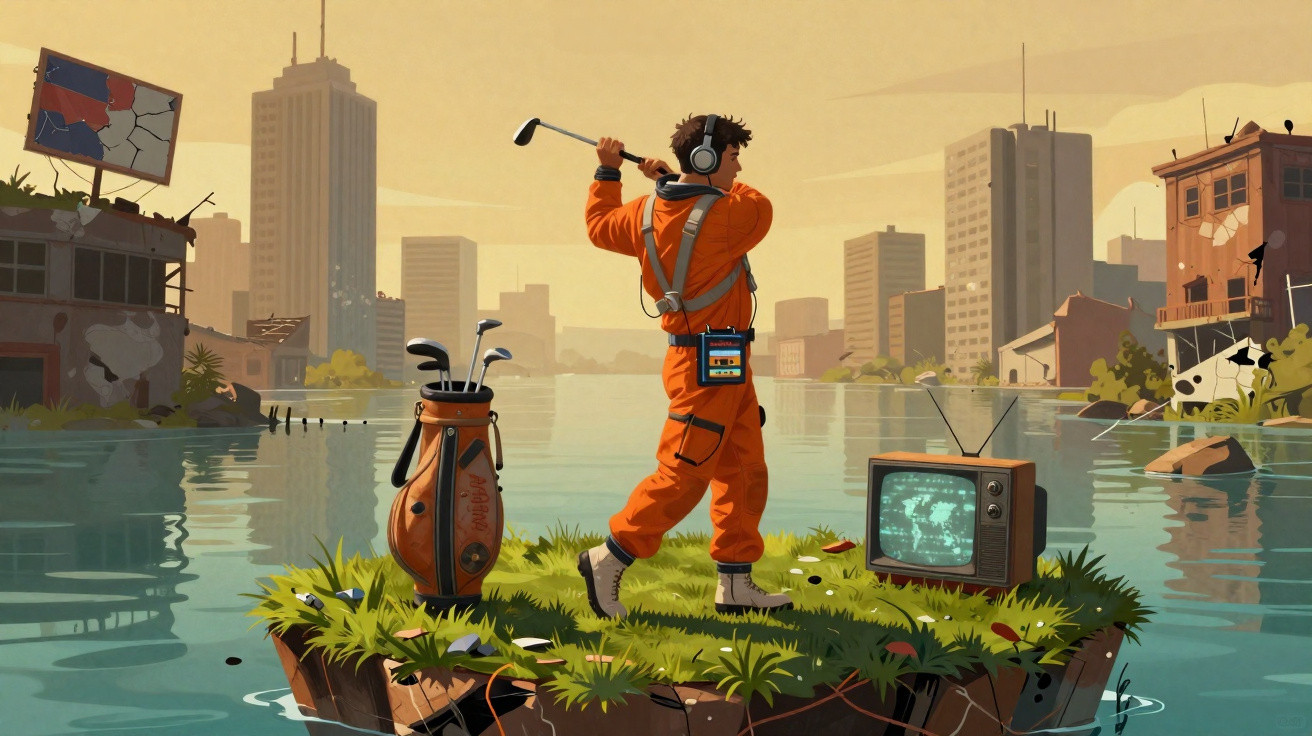 Pessoa de macacão laranja jogando golfe em um pequeno pedaço de terra cercado por água em cidade abandonada.