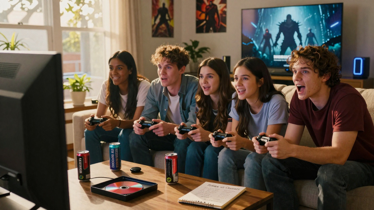 Cinco jovens sentados no sofá jogando videogame com controles na mão, concentrados e animados.