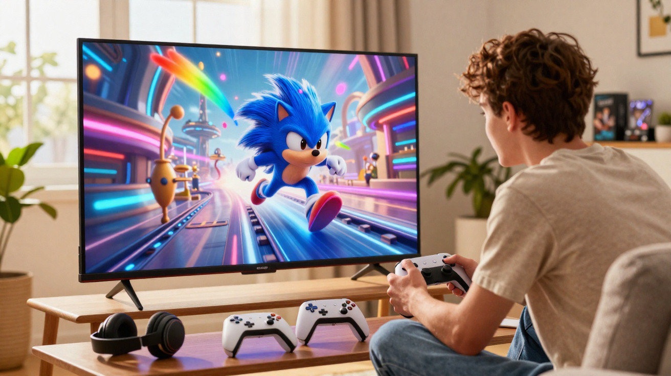 Jovem jogando videogame com controle, tela mostra personagem Sonic correndo em cenário futurista colorido.
