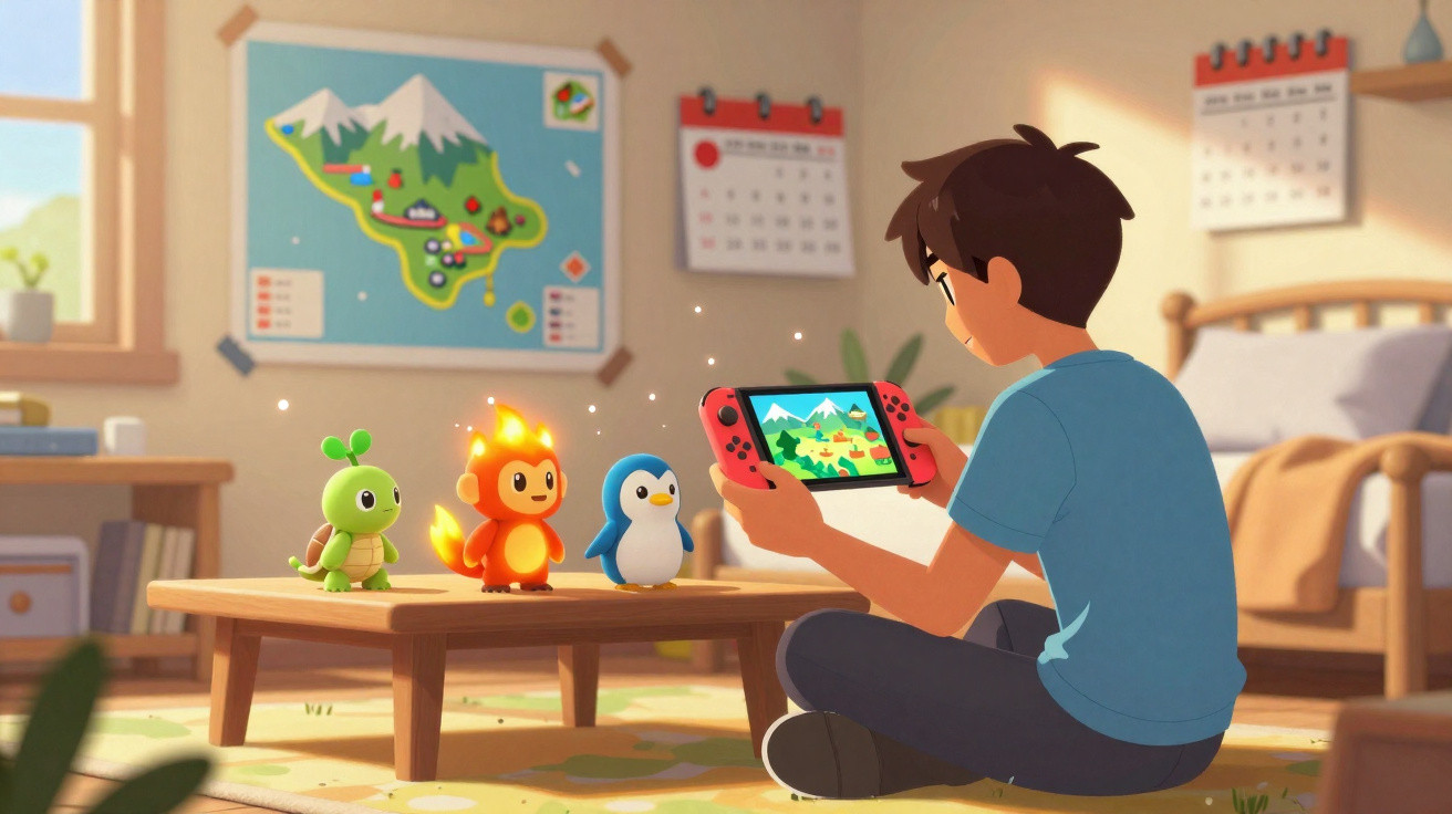 Menino sentado no chão jogando videogame com três personagens animados de tartaruga, fogo e pinguim sobre a mesa.