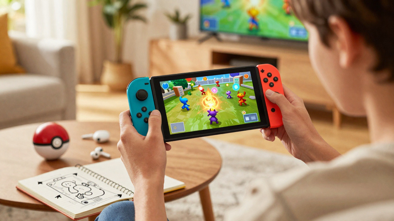 Pessoa jogando jogo colorido em console Nintendo Switch em sala de estar com mesa de madeira ao fundo.