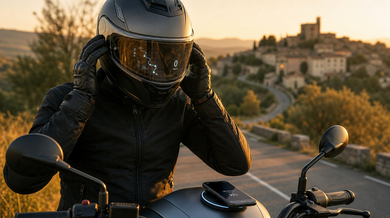 Motociclista colocando capacete em estrada com paisagem ao pôr do sol e celular no tanque da moto.