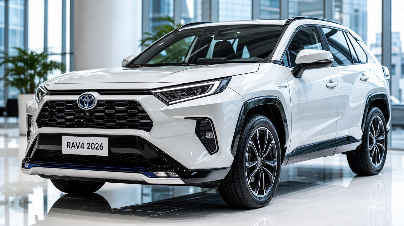 Carro SUV branco Toyota RAV4 2026 exposto em salão moderno com piso branco e paredes de vidro.