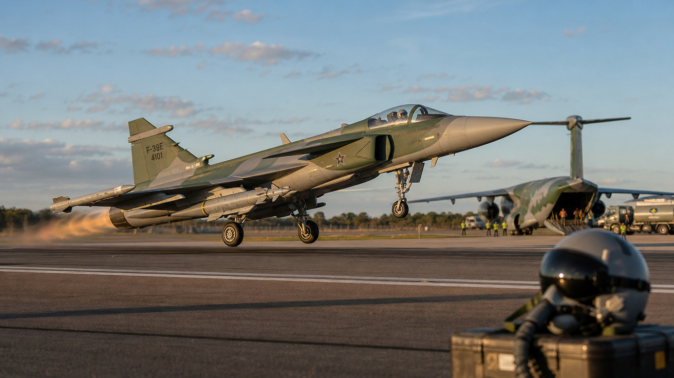 Avião de caça F-39E decolando em pista, com outro avião militar e um capacete ao fundo.