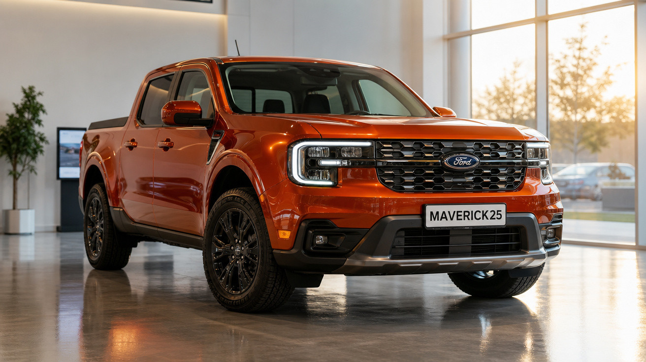 Picape Ford Maverick 2025 na cor laranja, exibida em ambiente interno com piso refletivo.