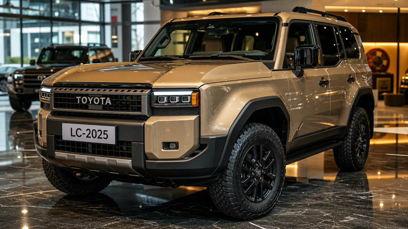 SUV Toyota Land Cruiser 2025 bege em showroom, exibindo design robusto e rodas pretas, com outro veículo ao fundo.