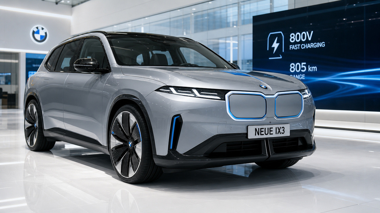 Carro elétrico BMW iX3 prata exibido em showroom moderno com painel digital ao fundo.