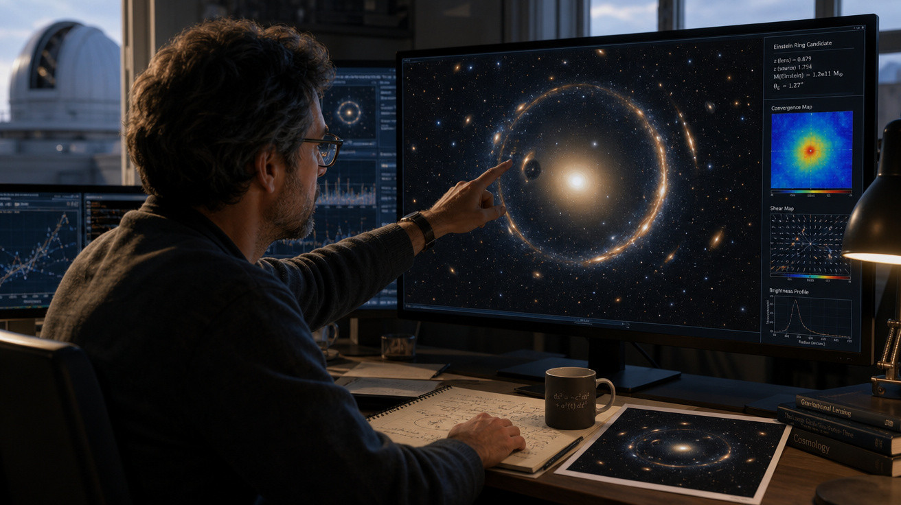 Homem analisa imagens de galáxias e gráficos astronômicos em vários monitores em ambiente de trabalho noturno.