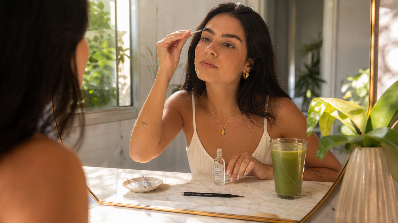 Mulher aplicando produto nas sobrancelhas em frente ao espelho com suco verde e plantas ao redor.