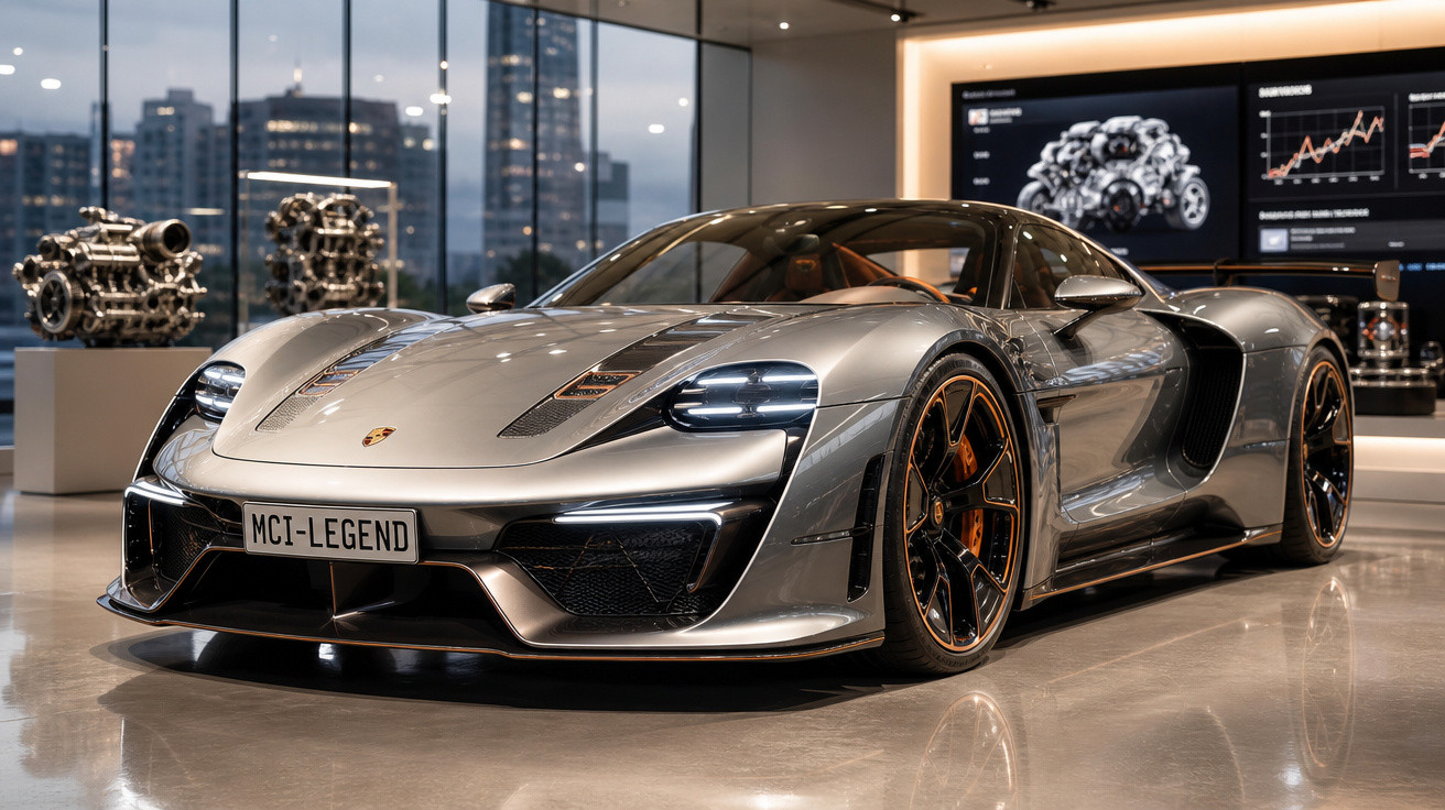 Carro esportivo Porsche prata brilhante exibido em showroom moderno com motor exposto ao fundo.