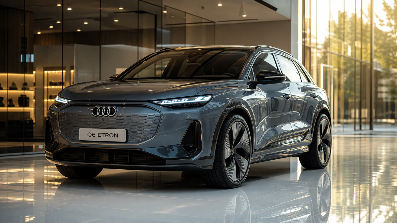 Carro elétrico Audi Q6 e-tron cinza estacionado em ambiente interno moderno com vidro e luz natural.