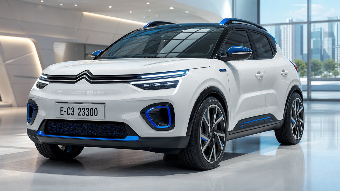 Carro SUV Citroën branco com detalhes azuis exibido em ambiente interno moderno.