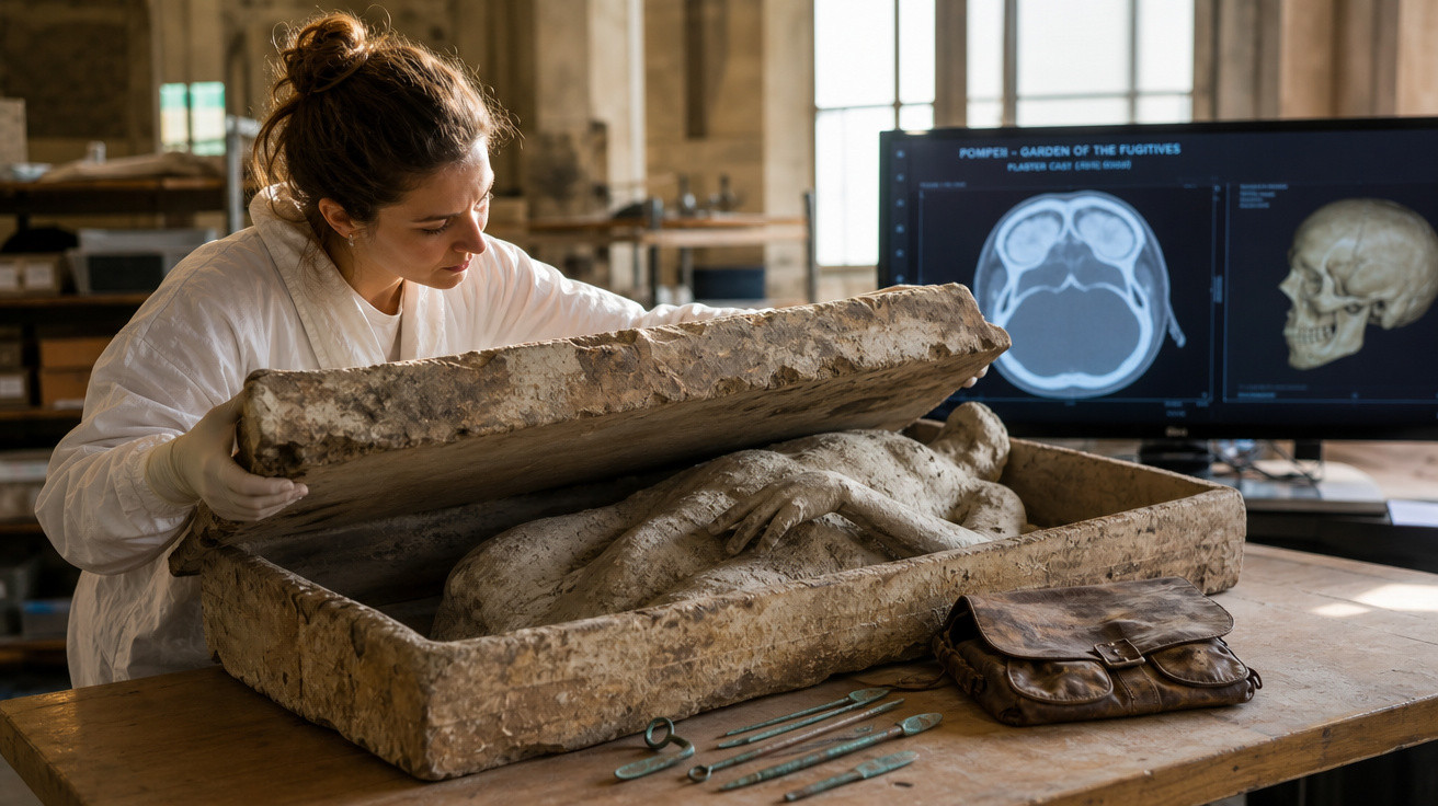 Mulher em laboratório arqueológico examinando estátua antiga dentro de caixa de pedra sobre mesa com ferramentas.
