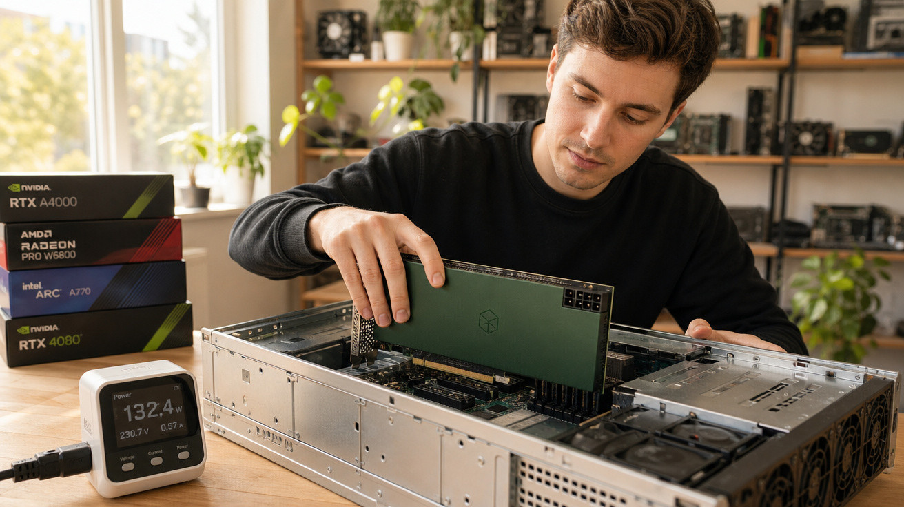 Homem instalando placa de vídeo em computador aberto sobre mesa com medidor de energia ao lado.