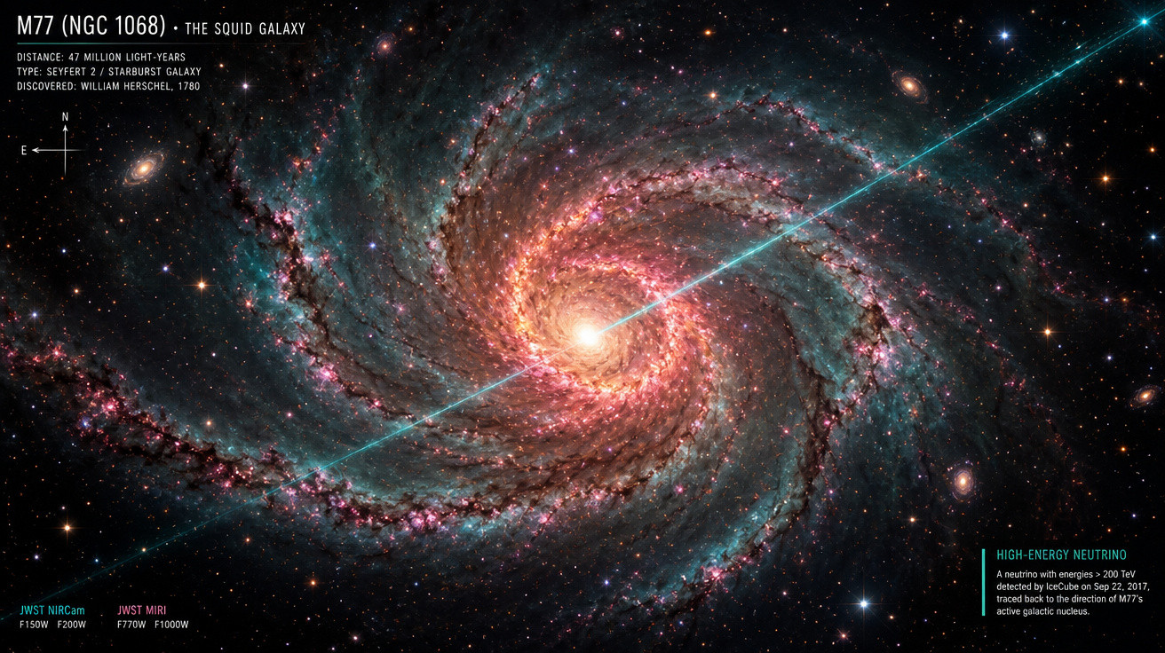 Galáxia M77 espiral com núcleo brilhante e rastro de neutrino de alta energia atravessando o centro.
